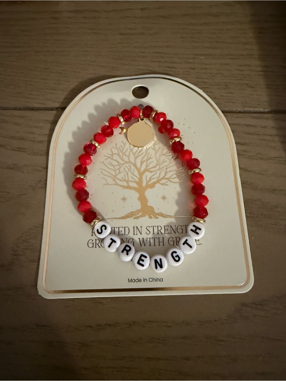Strength Red Beaded Stretch Bracelet with Gold Accent